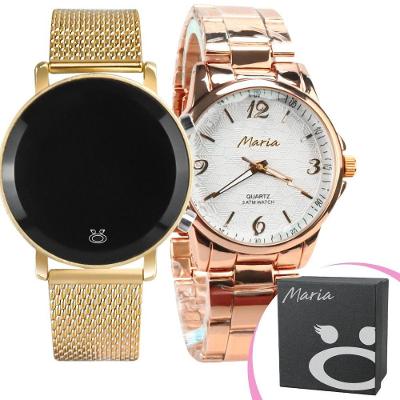 Relógio Digital Dourado + Relógio Feminino Aço Inox Rose Prensente Original Rose Ajustavel Social
