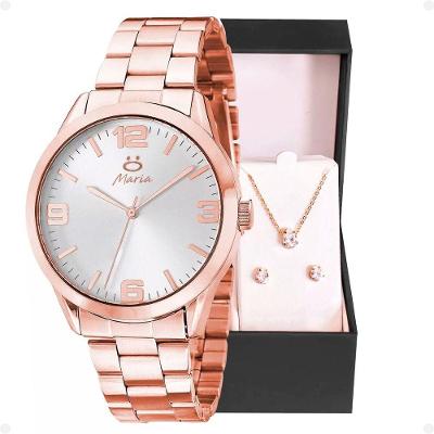 Relogio Feminino Rose + Brincos + Colar Strass + Caixa Social Qualidade Premium Moda Ajustavel
