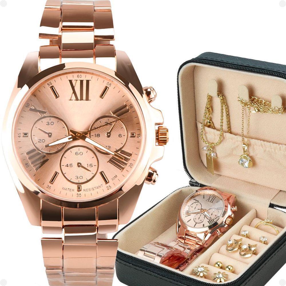 Relogio Feminino Banhado + Pulseira + Porta Joia + Colar Qualidade Premium Presente Original Social - 1
