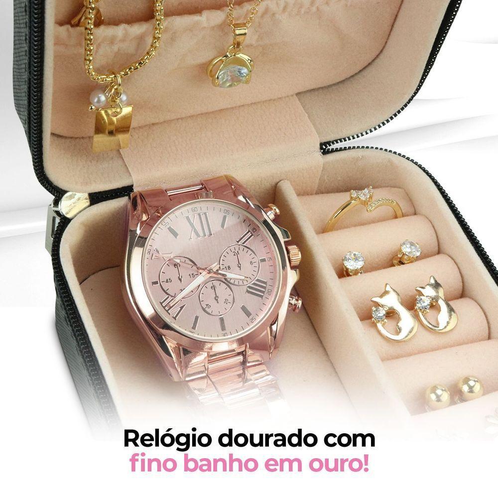Relogio Feminino Banhado + Pulseira + Porta Joia + Colar Qualidade Premium Presente Original Social - 5