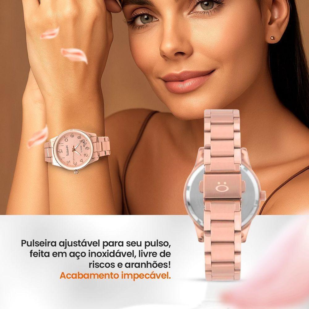Relogio Feminino Banhado Rose Aco + Pulseira Presente Original Garantia Delicado Ajustavel Pingente - 3
