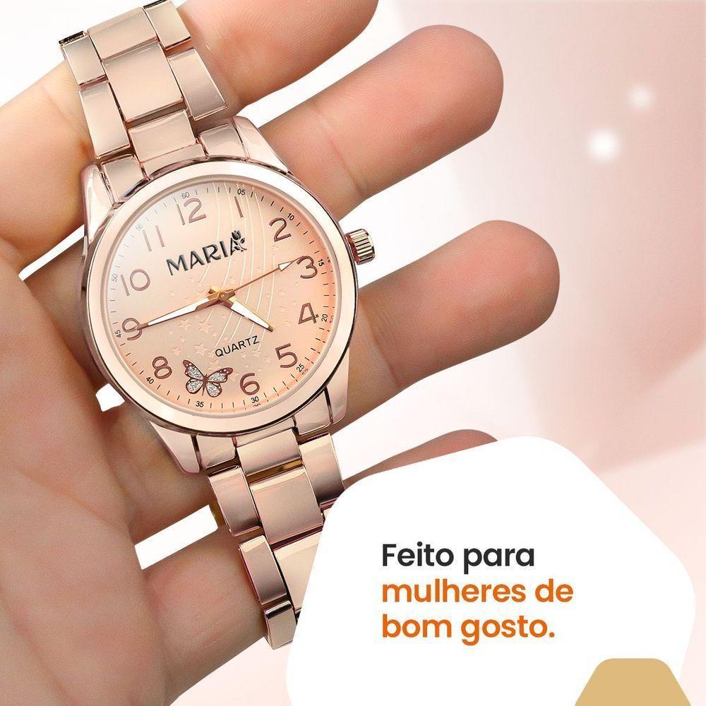 Relogio Feminino Banhado Rose Aco + Pulseira Presente Original Garantia Delicado Ajustavel Pingente - 5