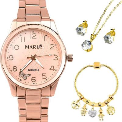 Relogio Feminino Banhado Rose Aco + Pulseira Presente Original Garantia Delicado Ajustavel Pingente