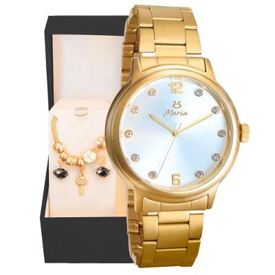 Relógio Feminino Aço Inox Banhado + Caixa + Pulseira Pandora Social Casual Strass Presente Moda