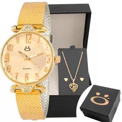 Relogio Feminino Aço Dourado + Brinco Colar Coração + Caixa Original Presente Inoxidável Ponteiro