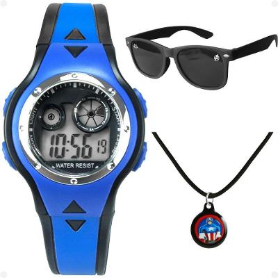 Relogio Digital Infantil Azul + Oculos Proteção Uv + Colar Led Qualidade Premium Silicone Preto