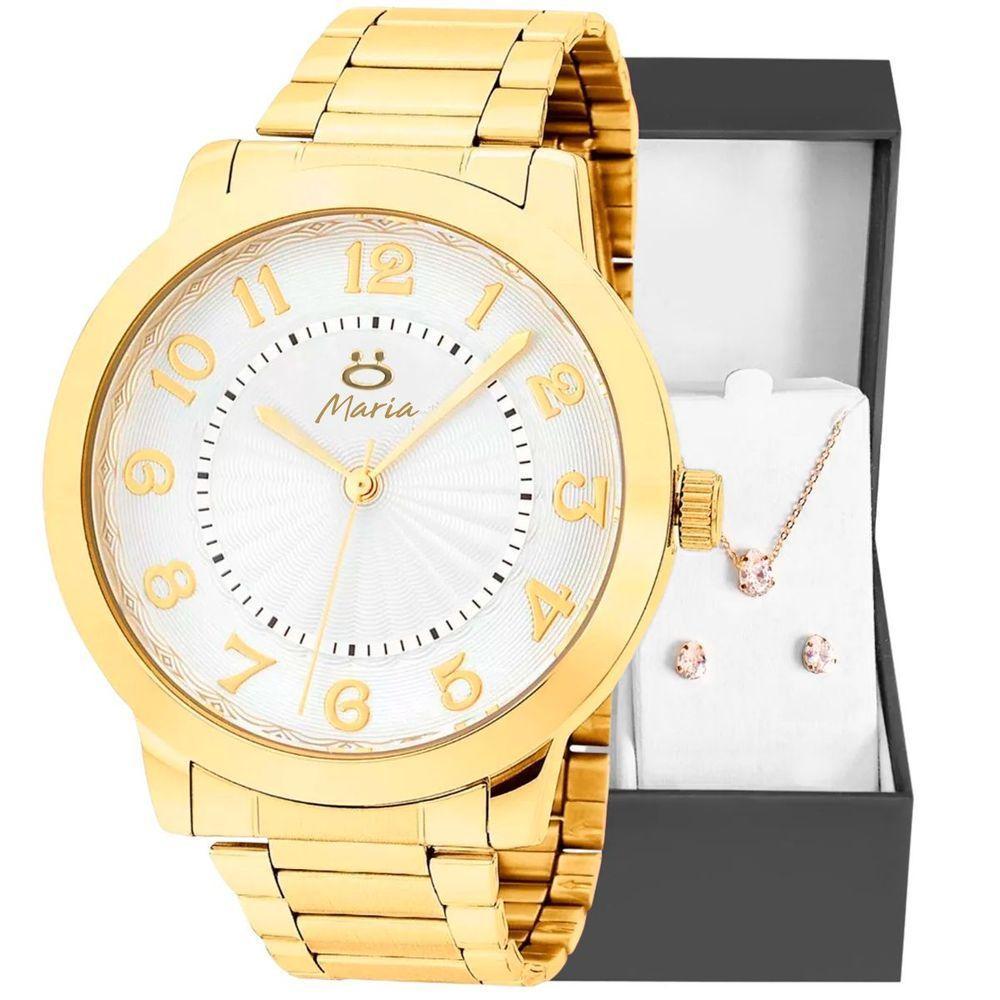 Relogio Feminino Aço Inox Dourado + Colar + Brincos + Caixa Strass Presente Qualidade Premium Casual - 1