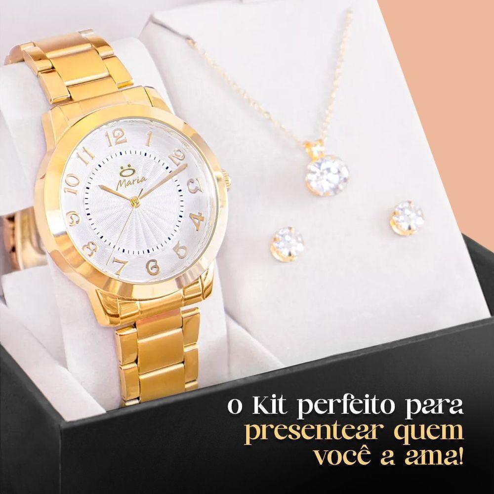 Relogio Feminino Aço Inox Dourado + Colar + Brincos + Caixa Strass Presente Qualidade Premium Casual - 4
