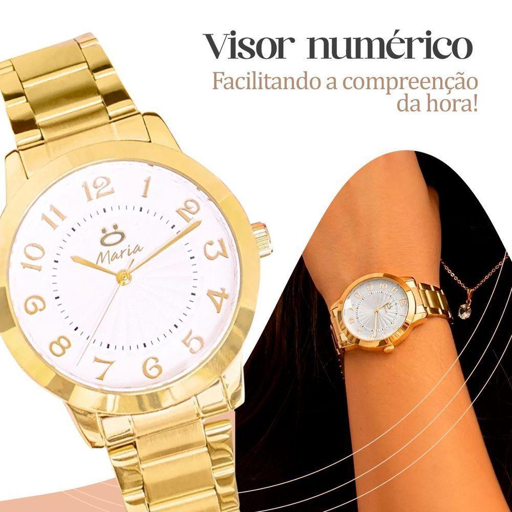 Relogio Feminino Aço Inox Dourado + Colar + Brincos + Caixa Strass Presente Qualidade Premium Casual - 5