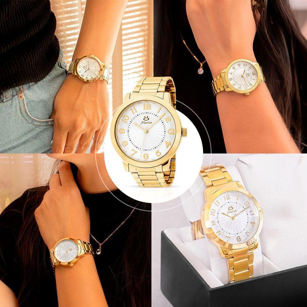 Relogio Feminino Aço Inox Dourado + Colar + Brincos + Caixa Strass Presente Qualidade Premium Casual - 6