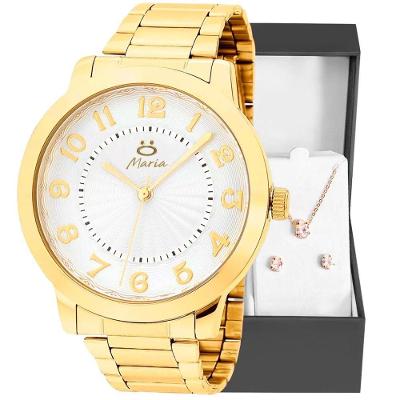 Relogio Feminino Aço Inox Dourado + Colar + Brincos + Caixa Strass Presente Qualidade Premium Casual