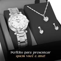 Relogio Feminino Aço Prata + Brincos + Caixa Inoxidável Presente Social Ponteiro Ajustavel Garantia - 7