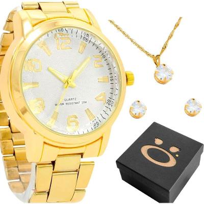 Relogio Feminino Aço Dourado + Brincos Strass Colar + Caixa Casual Ponteiro Presente Original Social
