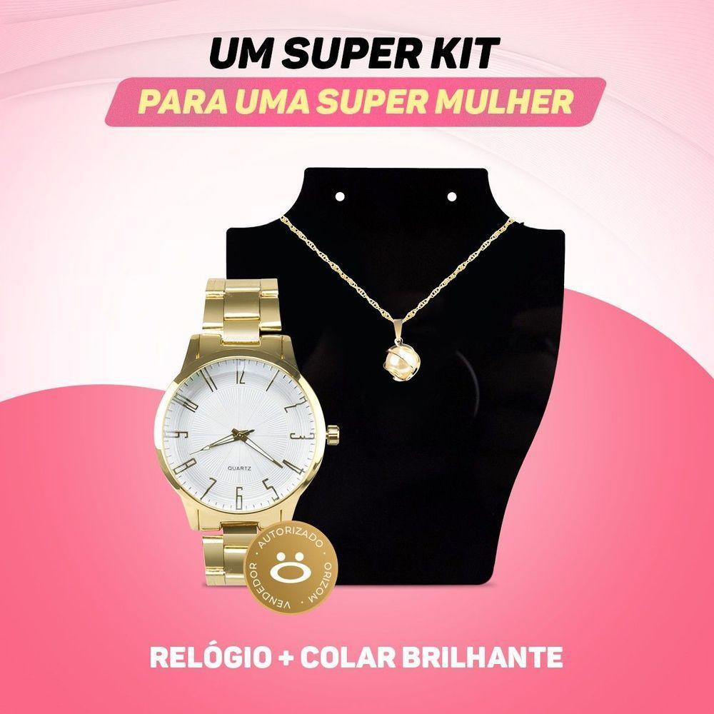 Relogio Feminino Dourado Aço Prova Dagua + Colar Ponto Luz Casual Qualidade Premium Social Original - 4