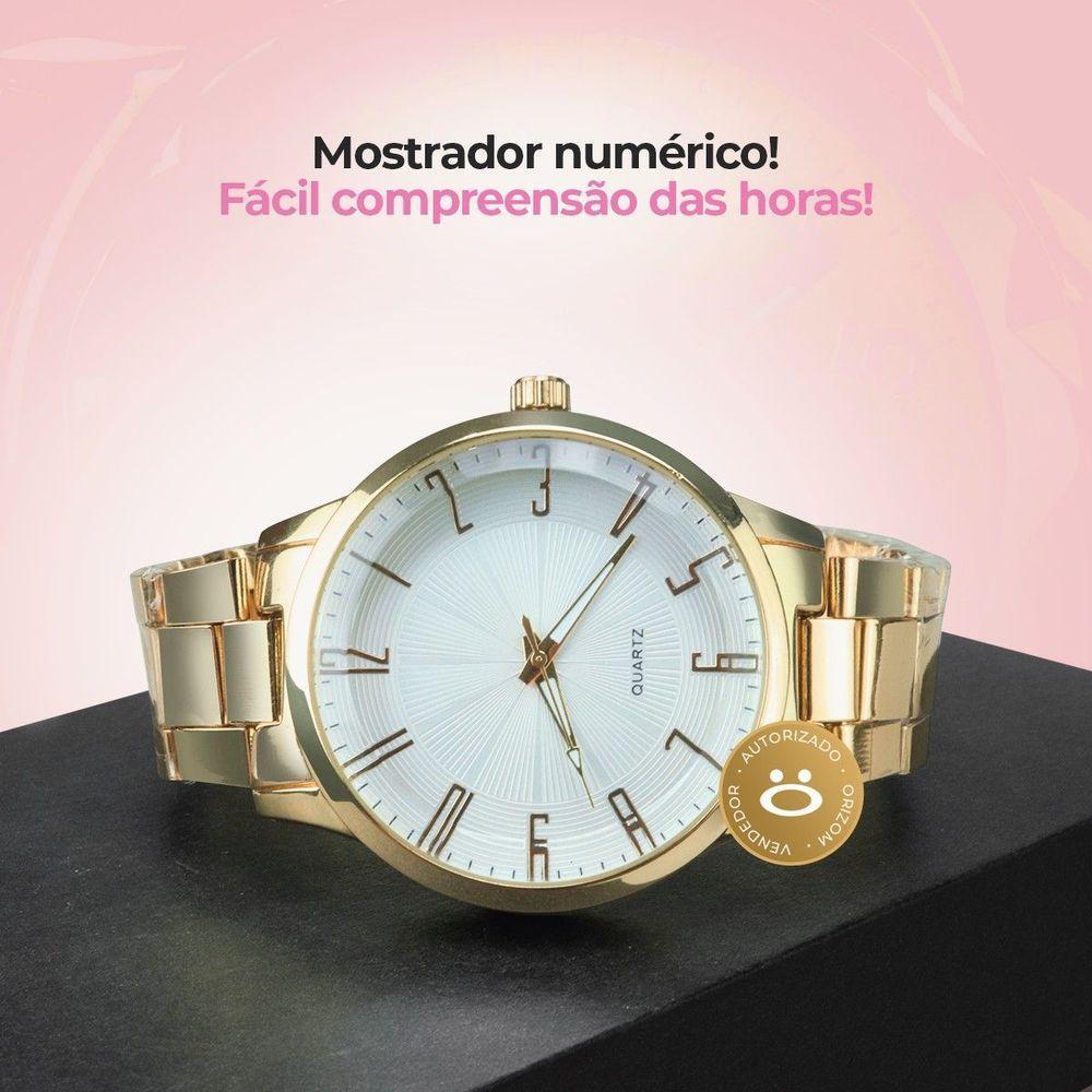 Relogio Feminino Dourado Aço Prova Dagua + Colar Ponto Luz Casual Qualidade Premium Social Original - 5