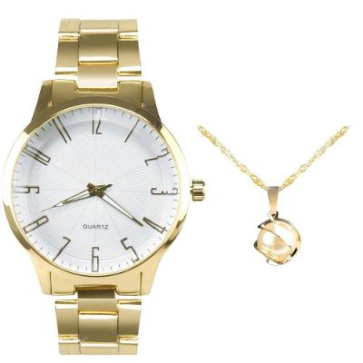 Relogio Feminino Dourado Aço Prova Dagua + Colar Ponto Luz Casual Qualidade Premium Social Original
