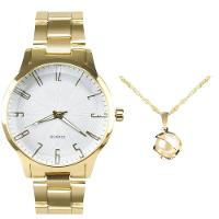Relogio Feminino Dourado Aço Prova Dagua + Colar Ponto Luz Casual Qualidade Premium Social Original - 1