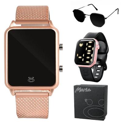 2 Relogio Feminino Digital Led Rose + Oculos Sol + Caixa Original Rosa Casual Rose Moda Preto