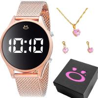 Relogio Feminino Digital Led + Colar Strass Garantia Presente Led Social Inoxidável Ajustavel Rose - 1