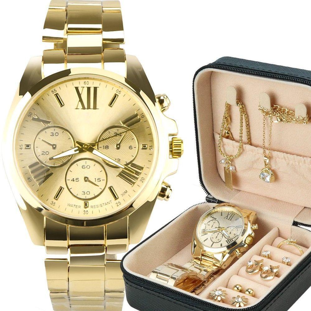 Relogio Feminino Banhado Aço + Porta Joia + Pulseira Original Qualidade Premium Social Prova Dagua - 1