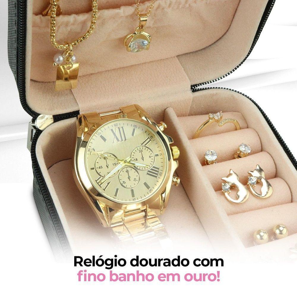 Relogio Feminino Banhado Aço + Porta Joia + Pulseira Original Qualidade Premium Social Prova Dagua - 5