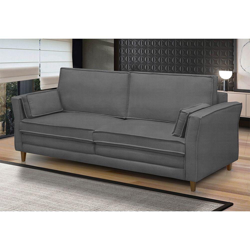 Sofá Living 3 Lugares 220cm Pés Madeira Efraim F05 Veludo Grafite - Mpozenato - 4