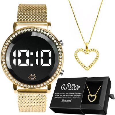 Colar Mãe Coração + Relogio Feminino Aço Inox Digital + Caixa Casual Strass Transparente Moda Social