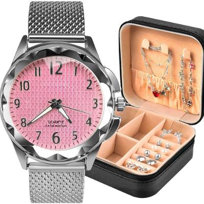 Colar + Pulseira + Porta Joia + Relogio Feminino Prova Dagua Presente Fundo Rosa Social Silicone