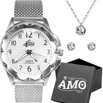 Relogio Feminino Aço Inox Prata + Pulseira + Colar + Caixa Strass Moda Edição Limitada Original