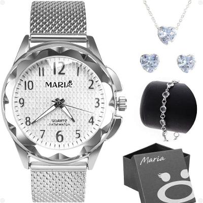 Relogio Feminino Prova Dagua Aço + Colar Brinco Pulseira Coração Social Casual Silicone Zirconia
