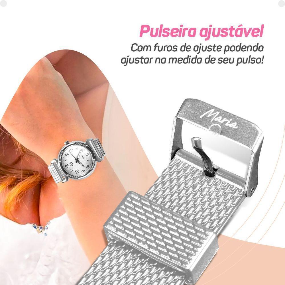 Relogio Feminino Aço Inox Prata + Caixa + Colar Mãe Coração Pulseira Ajustavel Casual Social Moda - 7