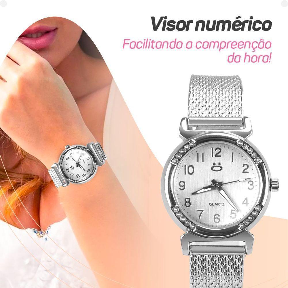 Relogio Feminino Aço Inox Prata + Caixa + Colar Mãe Coração Pulseira Ajustavel Casual Social Moda - 9