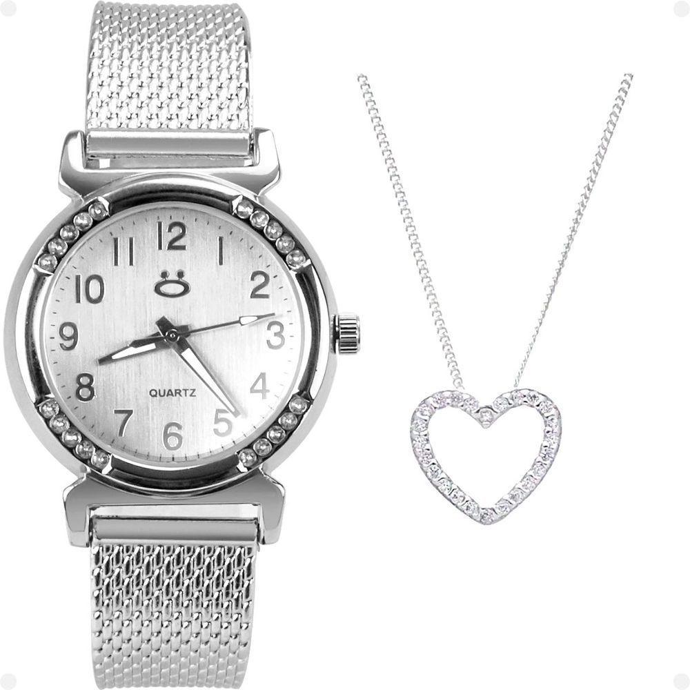 Relogio Feminino Aço Inox Prata + Caixa + Colar Mãe Coração Pulseira Ajustavel Casual Social Moda - 10