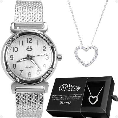 Relogio Feminino Aço Inox Prata + Caixa + Colar Mãe Coração Pulseira Ajustavel Casual Social Moda