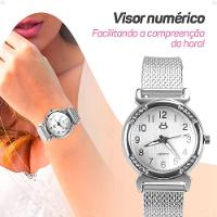 Relogio Feminino Aço Inox Prata + Caixa + Colar Mãe Coração Pulseira Ajustavel Casual Social Moda - 9