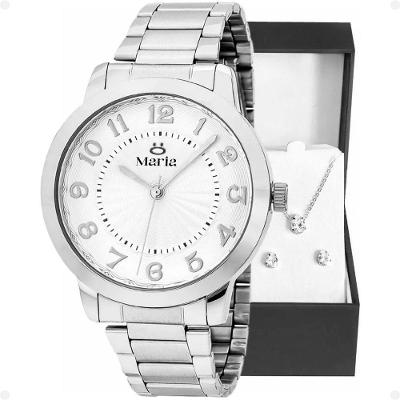 Colar Strass + Brincos + Caixa + Relogio Feminino Aço Inox Casual Social Presente Qualidade Premium
