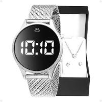 Relogio Feminino Digital Aço Inox + Colar + Brincos + Caixa Original Led Casual Ajustavel Silicone - 1