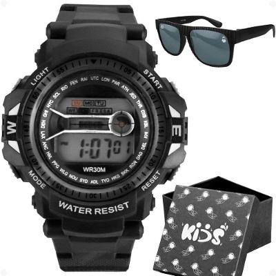 Relogio Digital Infantil Led Preto + Oculos Sol Adolescente Presente Proteção Uv Criança Menino Data