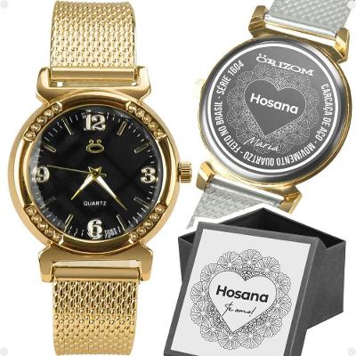 Relogio Feminino Dourado Silicone Inox Aço Banhado Fundo Preto Personalize Presente Moda Casual