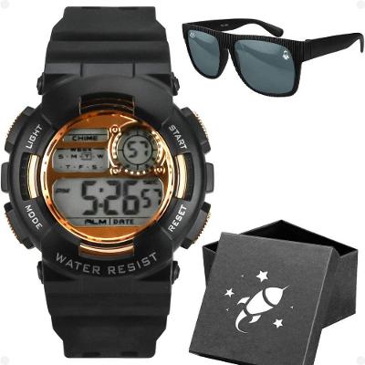 Relogio Digital Infantil Menino Preto + Caixa + Oculos Sol Esportivo Qualidade Premium Cronometro