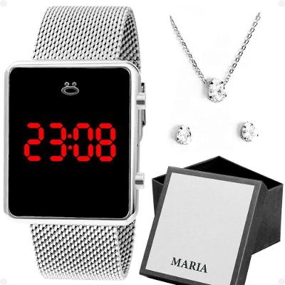 Relogio Feminino Digital Aço Inox + Brincos + Caixa + Colar Qualidade Premium Social Presente Casual