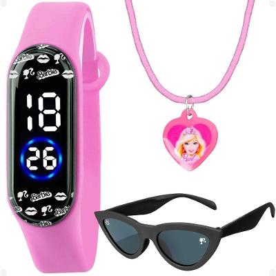 Relogio Digital Infantil Barbie + Oculos Proteção Uv Pulseira Ajustavel Prova Dagua Original Menina