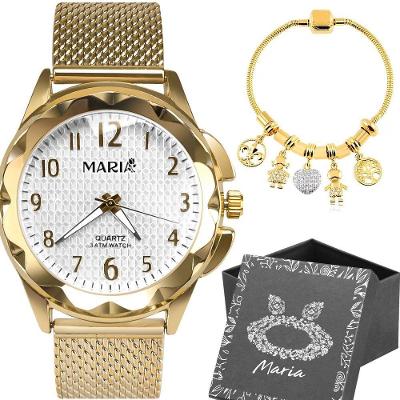 Relogio Feminino Prova Dagua Dourado Aço + Pulseira + Caixa Moda Pandora Inoxidável Silicone Casual