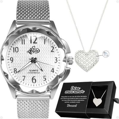 Relogio Feminino Aço Inox + Caixa + Colar Amor Coração Pulseira Ajustavel Casual Presente Moda