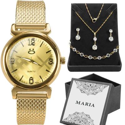 Pulseira + Relogio Feminino Aço Inox + Caixa + Colar Strass Qualidade Premium Social Presente Strass