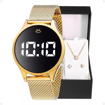 Relogio Feminino Digital Dourado + Colar Caixa Led Moda Silicone Ajustavel Academia Original Casual