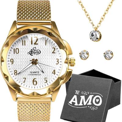 Pulseira + Caixa + Relogio Feminino Aço Dourado + Colar Moda Casual Inoxidavel Social Original