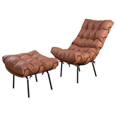Poltrona Costela Com Puff Couro Caramelo Metal Preto