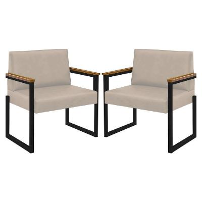 Kit 2 Poltronas Niterói Couro Off White Em Metal Preto