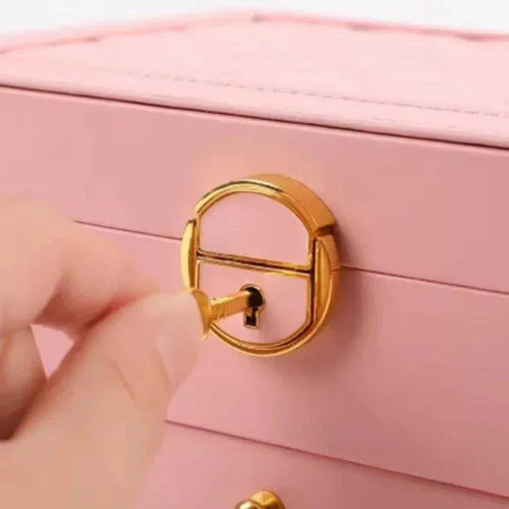 Maleta Porta Joias Organizador Com Gaveta 2 Andares Para Brincos Aneis Pulseiras Relogio Viagem Rosa - 8